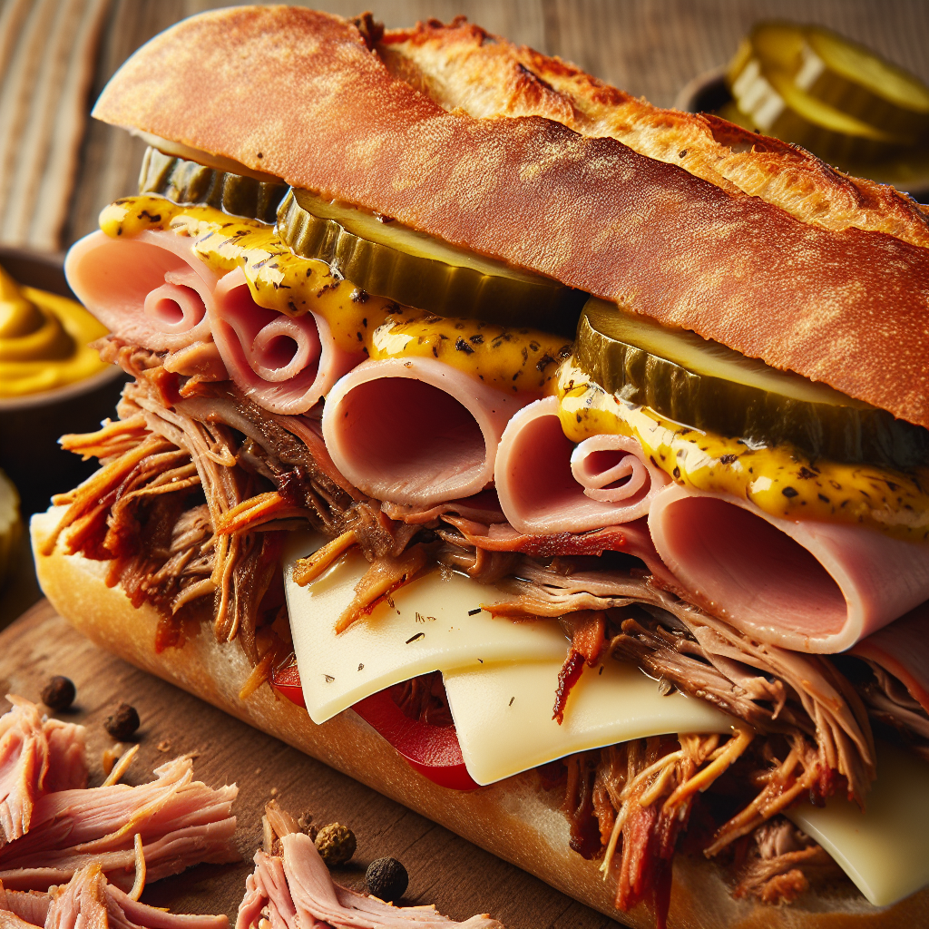 Discover the layers of flavor in McAlister's Deli Cuban Sandwich: a gourmet blend of tangy pulled pork, savory ham, melting Swiss cheese, tangy mustard, and crisp pickles on a toasted baguette.